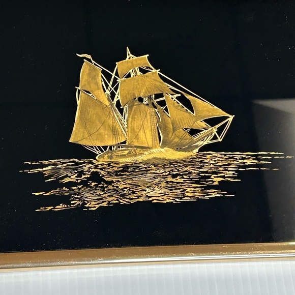 80s Gold Foil Art Etching Sailboat Pirate Ship Sea Picture Framed 10x8 - Picture 2 of 6